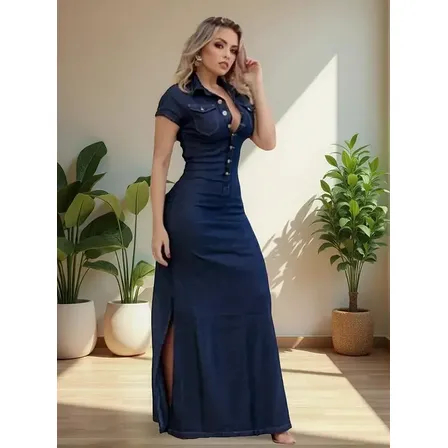 Vestido Jeans Longo Manga Curta Com Botões Fenda