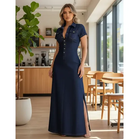 Vestido Jeans Longo Manga Curta Com Botões E Fenda Moda J.s