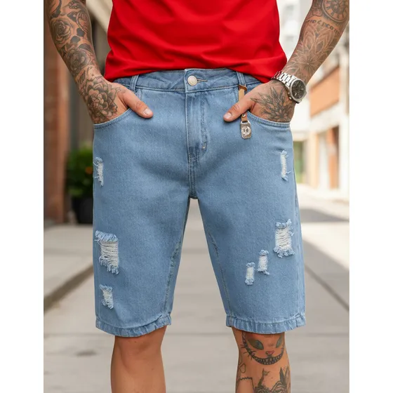 Bermuda Masculina Jeans Rasgada Qualidade Premium De Fábrica