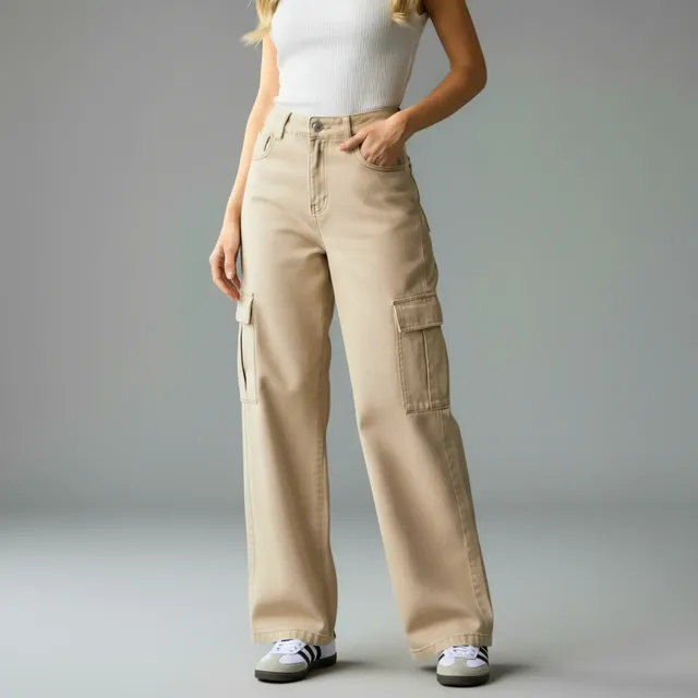Calça Jeans Cargo Wide Leg Bolsos Laterais + 5 Cores