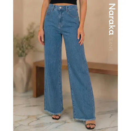 Calça Wide Leg Jeans Feminina Cintura Alta Levanta Bumbum
