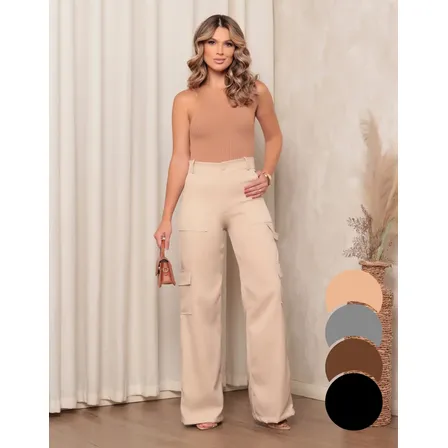 Calça Pantalona Alfaiataria Feminina Cargo Wide Leg