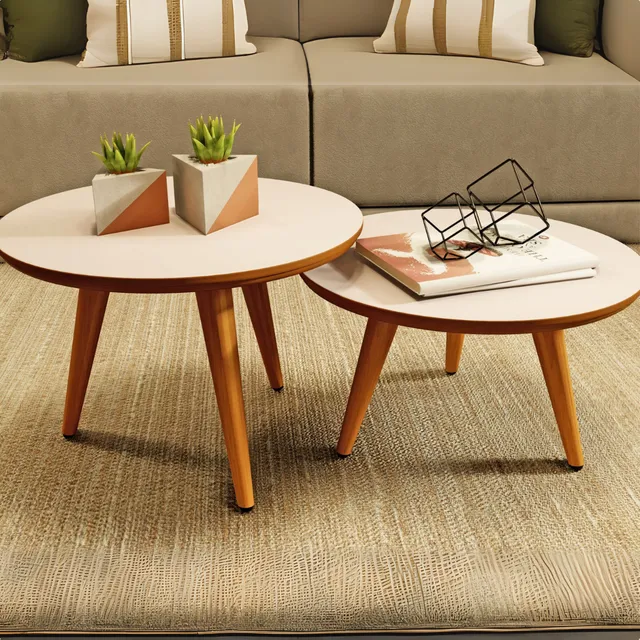 Conjunto Mesa De Centro Para Sala Lateral Redonda Pés Palito Cor Off White/freijó