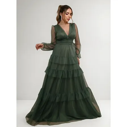 Vestido Madrinha Manga Longa Sem Brilho Oliva Fuscia + Cores