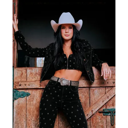Jaqueta Jeans Black Cropped Feminina Bordados Estrelas 23695