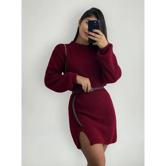 Vestido Tricot Fio Mousse Com Fenda Manga Longa Inverno