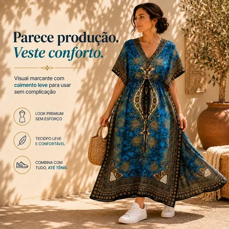 Vestido Longo Indiano Kaftan Boho Chic Estampado