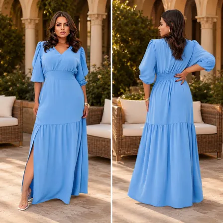 Vestido Longo Babado Fenda Manga 3/4 Evangélico Elegante