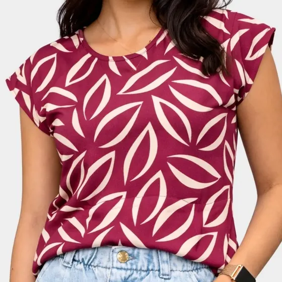 Blusa Soltinha Malha Crepe Estampada Decote Redondo
