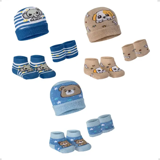 Kit 3 Touca Luva Meia Recém Nascido Algodão Presente