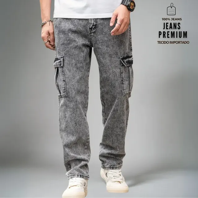Calça Jeans Cargo Baggy Masculina Streetwear Mesclada P A Gg