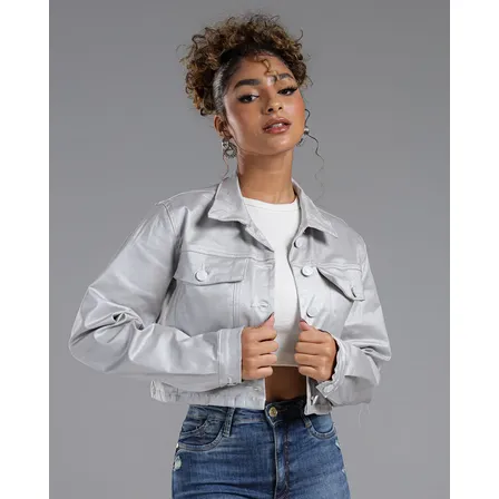 Jaqueta Cropped Sarja Resinada Feminina Prata Prateado 22751