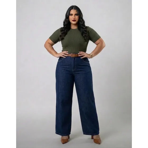 Calça Jeans Wide Leg Feminina Plus Size Destroyed