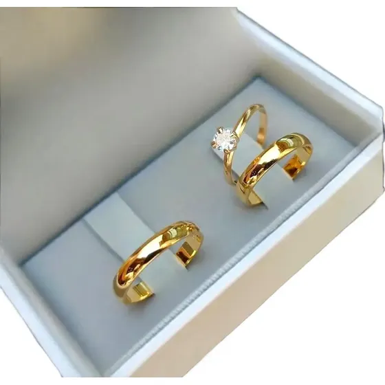 Par De Alianças Tungstênio 4mm Banhada Ouro 18k E Solitario