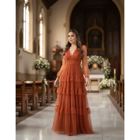Vestido Festa Madrinha Casamento Manga Longa Babado Inverno