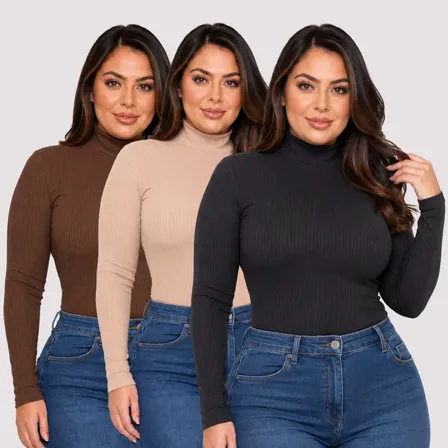 Kit 3 Blusas Plus Size Gola Alta Segunda Pele Malha Veste G4