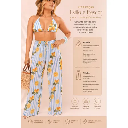 Conjunto Calça + Biquíni Estampado Cintura Alta Tule Citrus