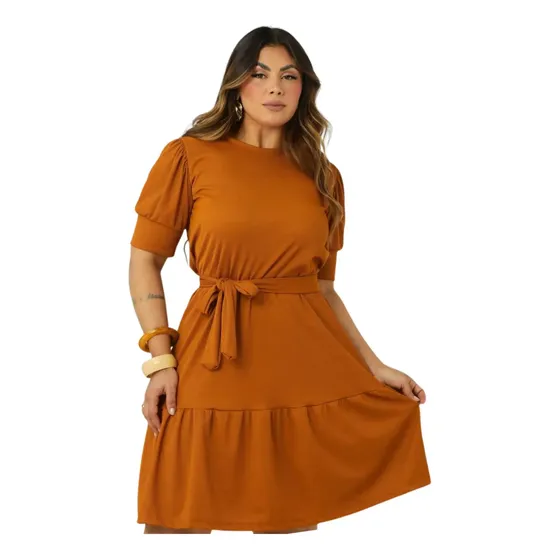 Vestido Feminino Com Babado Rodado Na Barra Mangas Bufantes