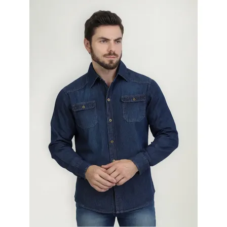 Camisa Jeans Social Manga Comprida Casual Basico