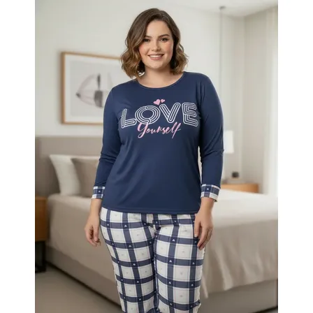 Pijama Estampado Feminino Plus Siz Comprido Frio Manga Longa