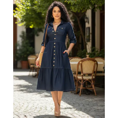 Vestido Jeans Midi Manguinha Moda Evangélica Rodado Soltinho