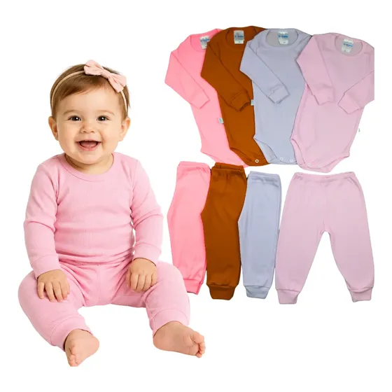 Kit 4 Conjuntos Bebê Body Manga Longa E Calça Canelado