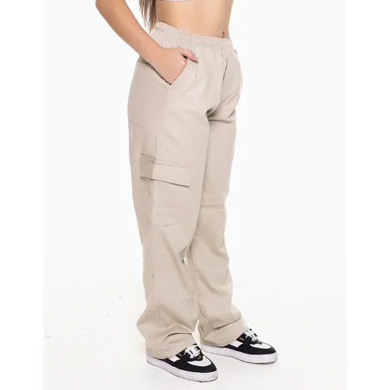 Calça Cargo Sarja Feminina Cintura Alta 100%algodão Wide Leg