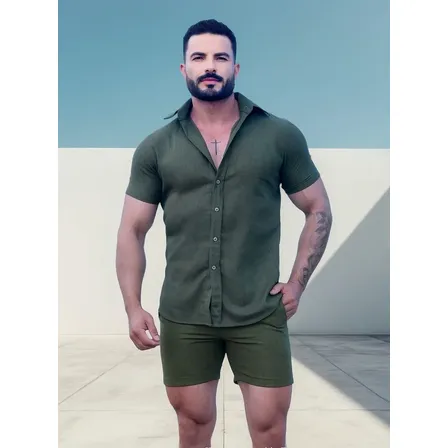 Conjunto Masculino Linho Camisa E Short Estilo Premium