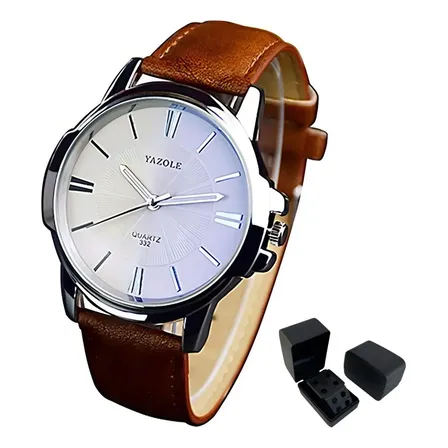 Relógio Yazole Masculino Quartz Pulseira Couro 4.5 Cm Diâmetro Marrom