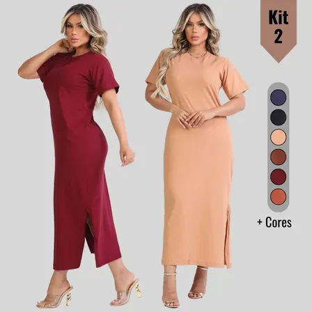 Kit 2 Vestido Feminino Fenda Lateral Comfy Algodão Premium