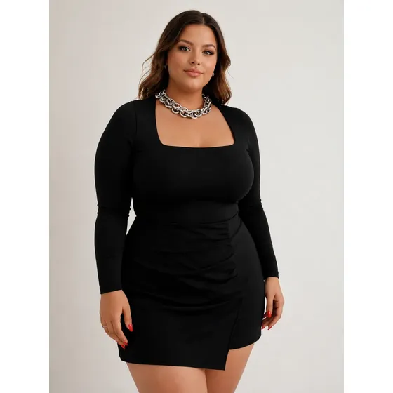 Body Blusa Plus Size Manga Longa Decote Quadrado Inverno