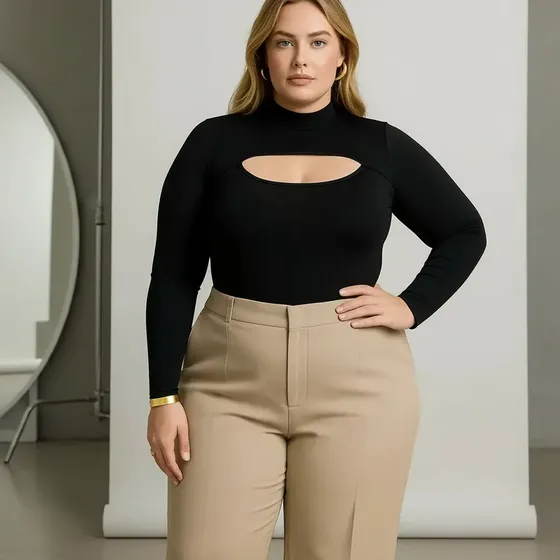 Body Collant Manga Longa Gola Alta Plus Size Elegante Basico