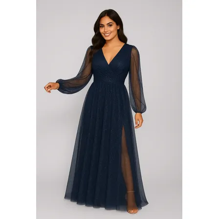 Vestido Longo Tule Brilho Com Manga E Fenda Casamento
