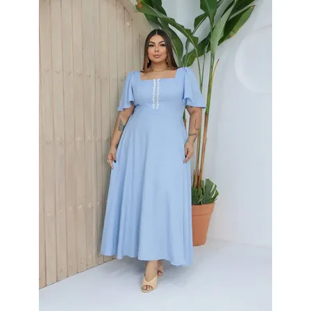 Vestido Longo Luxo Plus Size Duna Linho Elegante Manga Curto