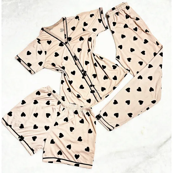 Kit Pijama Americano 3 Peças Camisa Botões + Calça + Short
