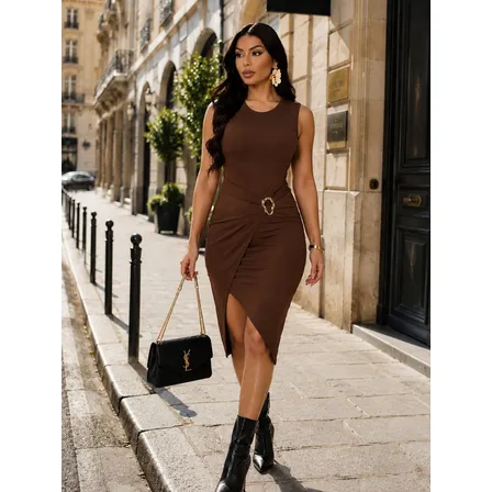Vestido Feminino Midi Tubinho Fenda Lateral Fivela Luxo Chic