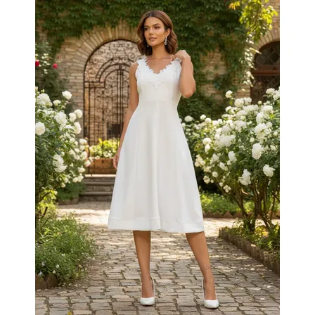 Vestido Midi Rodado Decote Em V Guipir Busto De Noiva Civil