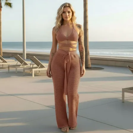 Saída De Praia Feminino Conjunto Calça Com Top Biquíni Verão