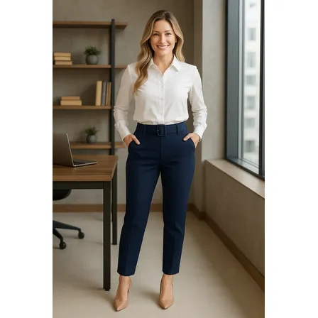 Calça Social Feminina Alfaiataria Cintura Alta Com Bolsos