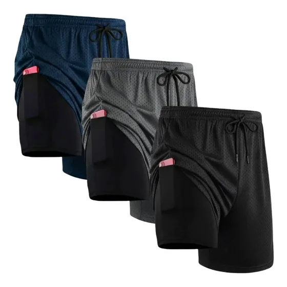 Kit 3 Shorts 2 Em 1 Duplo Bolso Para Treino Corrida Academia