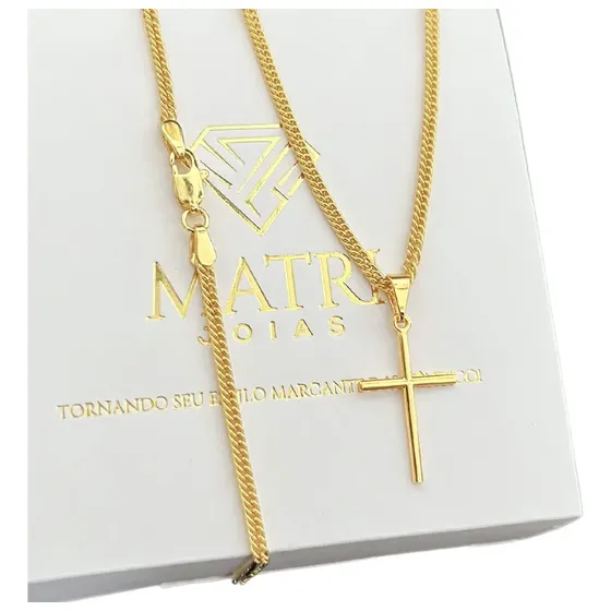 Corrente Masculina Grumet Folheado Ouro 18k + Pingente Cruz