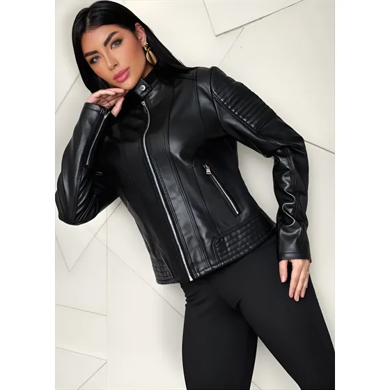 Jaqueta Couro Feminina Islim Promocao Com Ziper Bolso