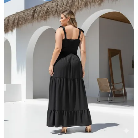 Vestido Longo Plus Size Alças De Amarrar E Lastex Soltinho