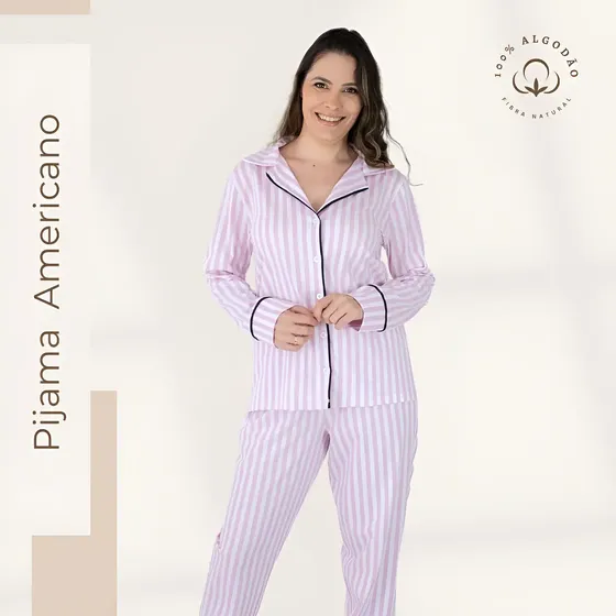 Pijama Feminino Longo Amamentação Algodão - Listrado Rosa