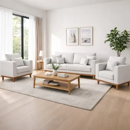Kit 2 Poltronas Living + Sofá 3 Lugares Base Madeira Linho