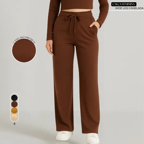 Calça Pantalona Wide Leg Feminino Cintura Alta Canelado