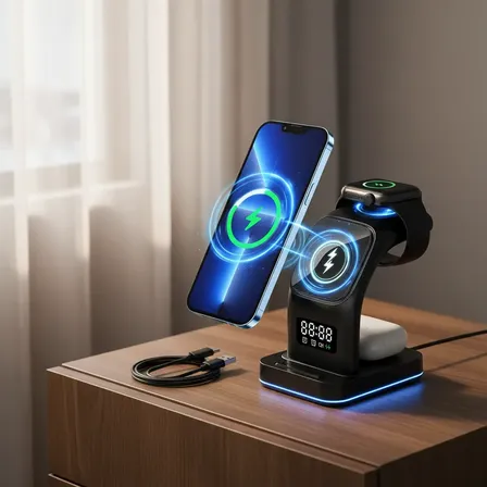 Carregador Sem Fio 5 Em 1 Para iPhone/iwatch/AirPods Preto