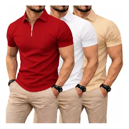 Kit 3 Camiseta Polo Manga Curta Com Zíper Masculina Canelada