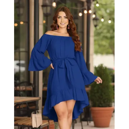Vestido Feminino Elegante Acinturado Com Manga E Cinto