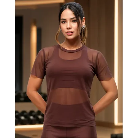 Blusa Manga Curta Tule Transparente Fitness Academia Dry Fit